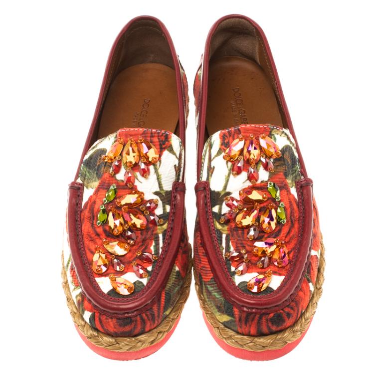 Pre Owned Dolce and Gabbana Red Floral Printed Fabric Crystal Embellished Espadrille Flats Size 37