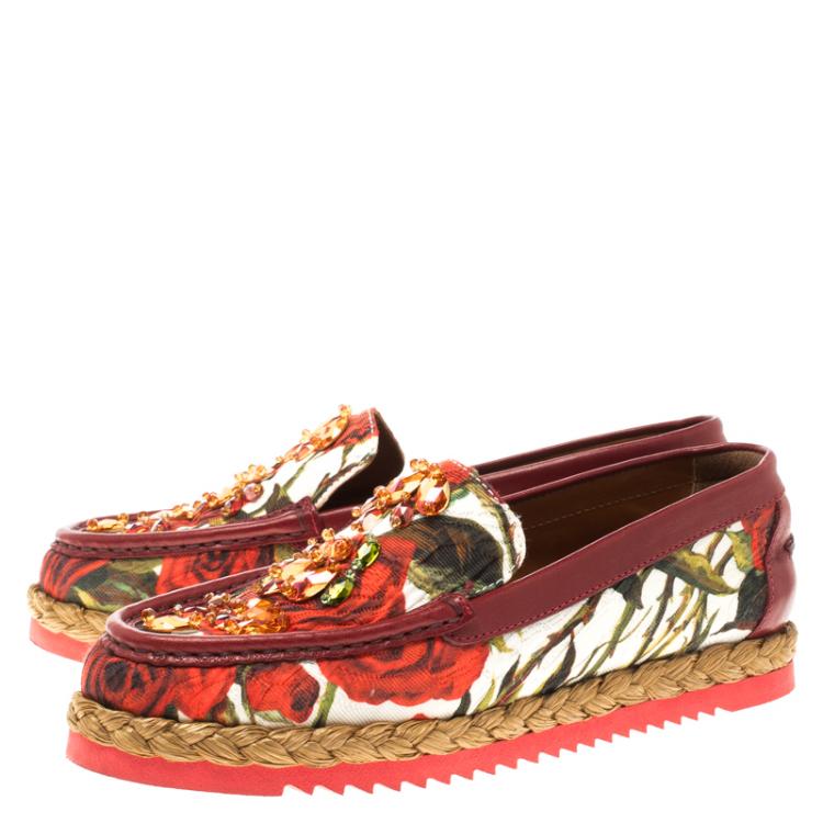 Pre Owned Dolce and Gabbana Red Floral Printed Fabric Crystal Embellished Espadrille Flats Size 37