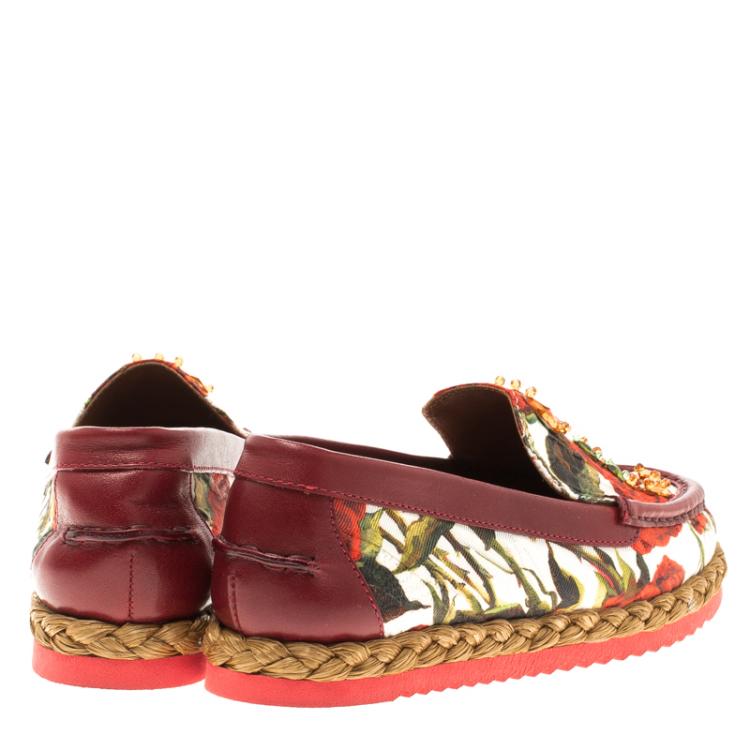 Pre Owned Dolce and Gabbana Red Floral Printed Fabric Crystal Embellished Espadrille Flats Size 37