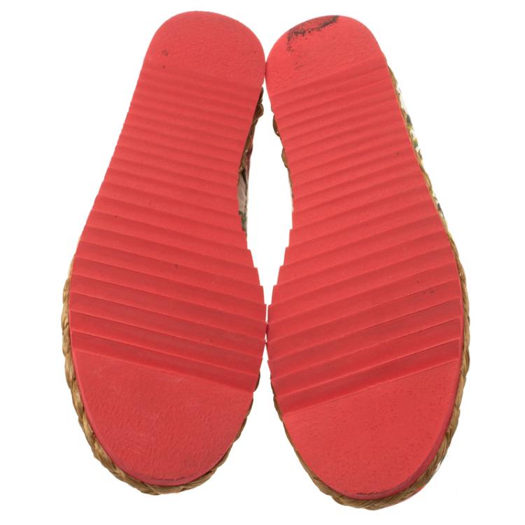 Pre Owned Dolce and Gabbana Red Floral Printed Fabric Crystal Embellished Espadrille Flats Size 37