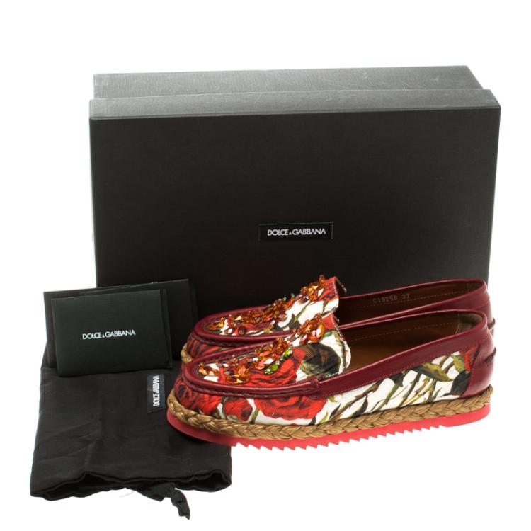 Pre Owned Dolce and Gabbana Red Floral Printed Fabric Crystal Embellished Espadrille Flats Size 37