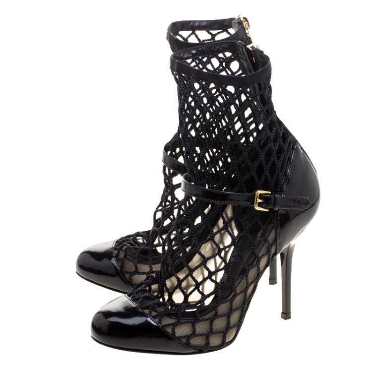 Pre Owned Dolce and Gabbana Black Mesh/Net and Patent Leather Pumps Size 37.5