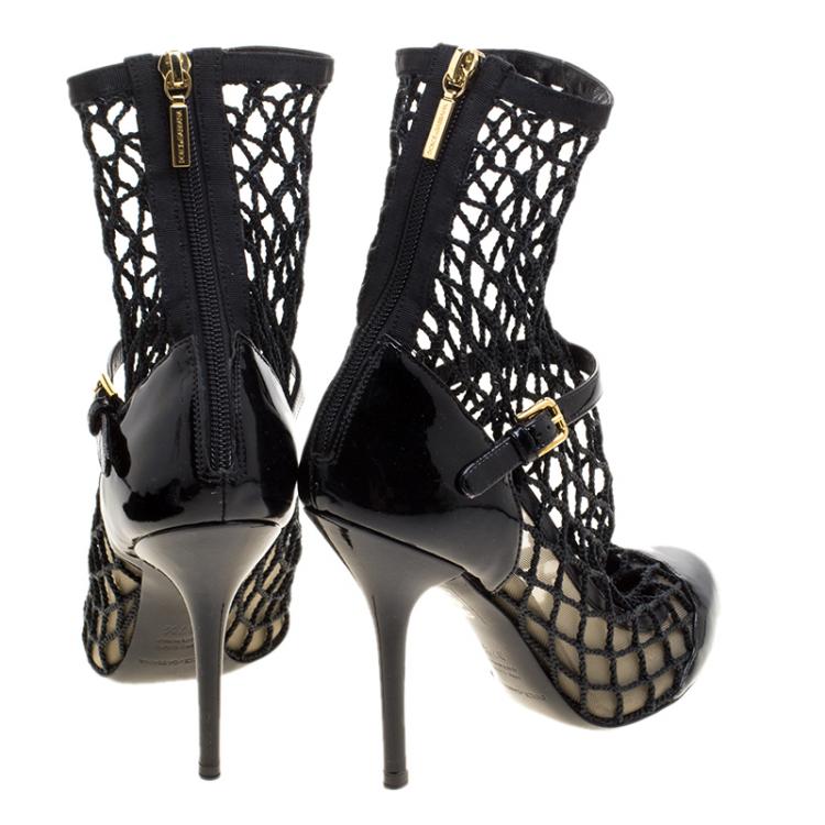 Pre Owned Dolce and Gabbana Black Mesh/Net and Patent Leather Pumps Size 37.5