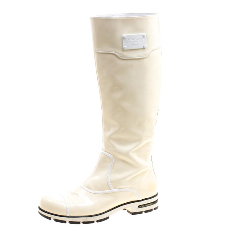 Pre Owned Dolce and Gabbana Cream Patent Leather Knee Boots Size 41