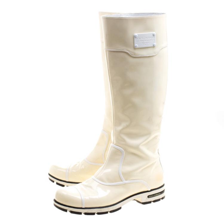 Pre Owned Dolce and Gabbana Cream Patent Leather Knee Boots Size 41