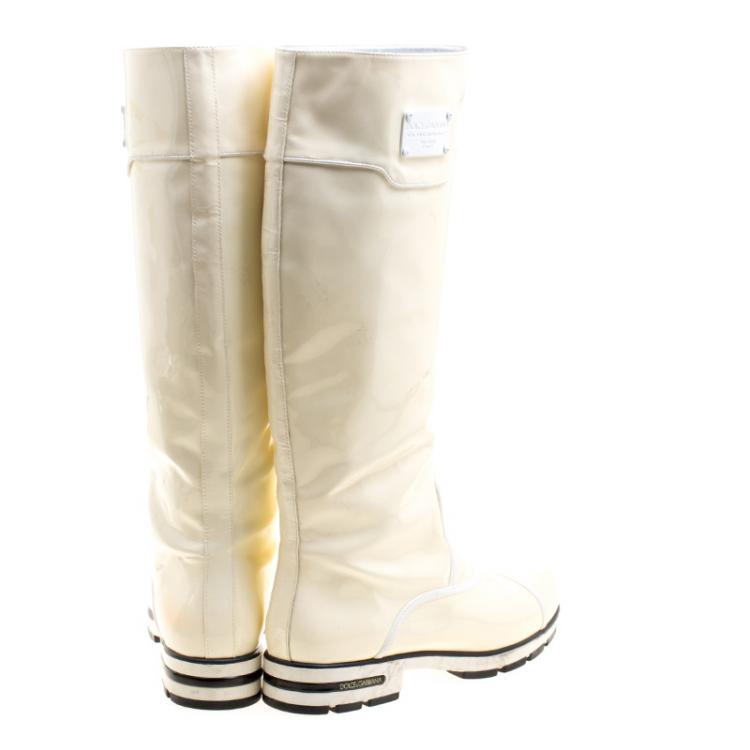 Pre Owned Dolce and Gabbana Cream Patent Leather Knee Boots Size 41