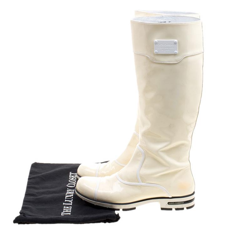 Pre Owned Dolce and Gabbana Cream Patent Leather Knee Boots Size 41