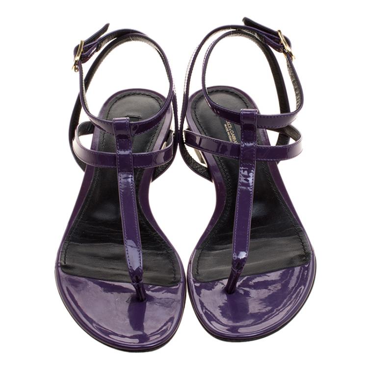 Pre Owned Dolce and Gabbana Purple Patent Leather Flat Thong Sandals Size 37