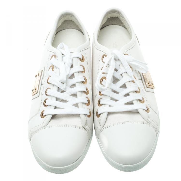 Pre Owned Dolce and Gabbana White Canvas and Leather Sneakers Size 38