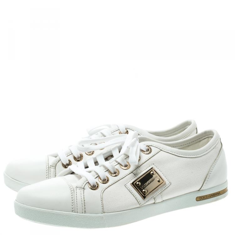 Pre Owned Dolce and Gabbana White Canvas and Leather Sneakers Size 38