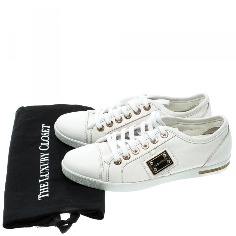 Pre Owned Dolce and Gabbana White Canvas and Leather Sneakers Size 38