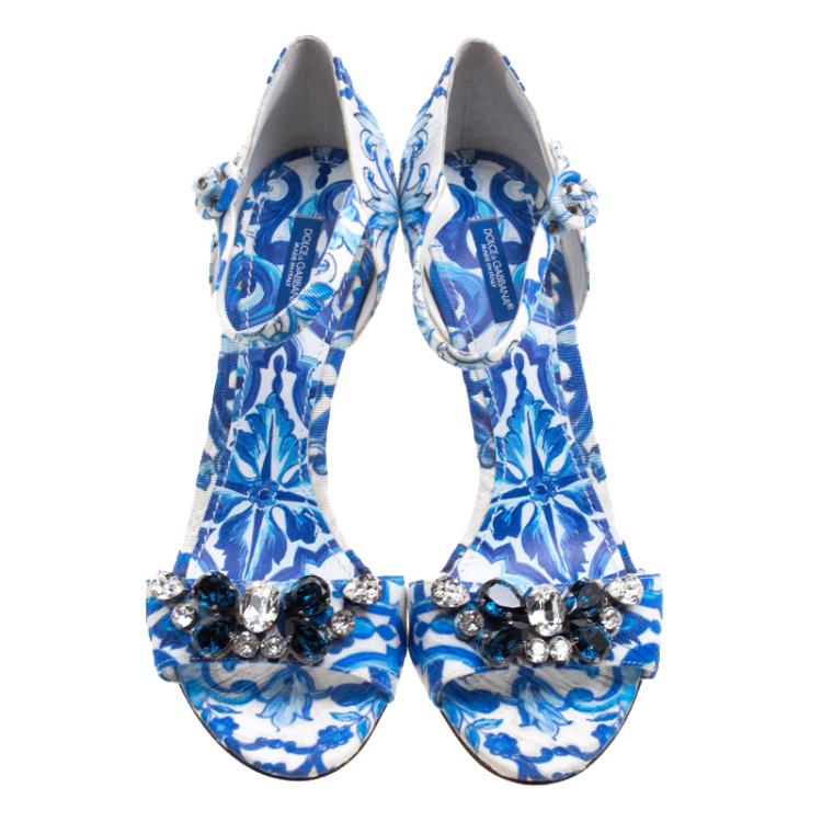 Pre Owned Dolce and Gabbana Blue Crystal Embellished Majolica Printed Fabric Ankle Strap Sandals Size 40.5