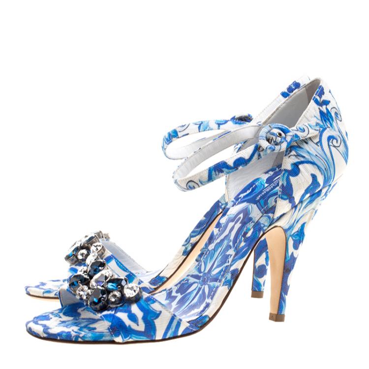 Pre Owned Dolce and Gabbana Blue Crystal Embellished Majolica Printed Fabric Ankle Strap Sandals Size 40.5