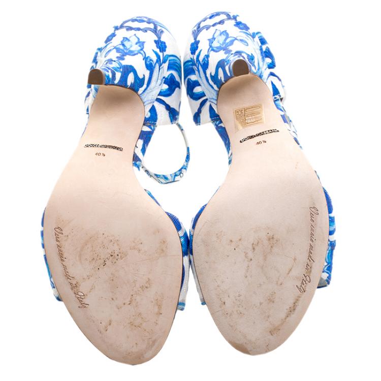 Pre Owned Dolce and Gabbana Blue Crystal Embellished Majolica Printed Fabric Ankle Strap Sandals Size 40.5