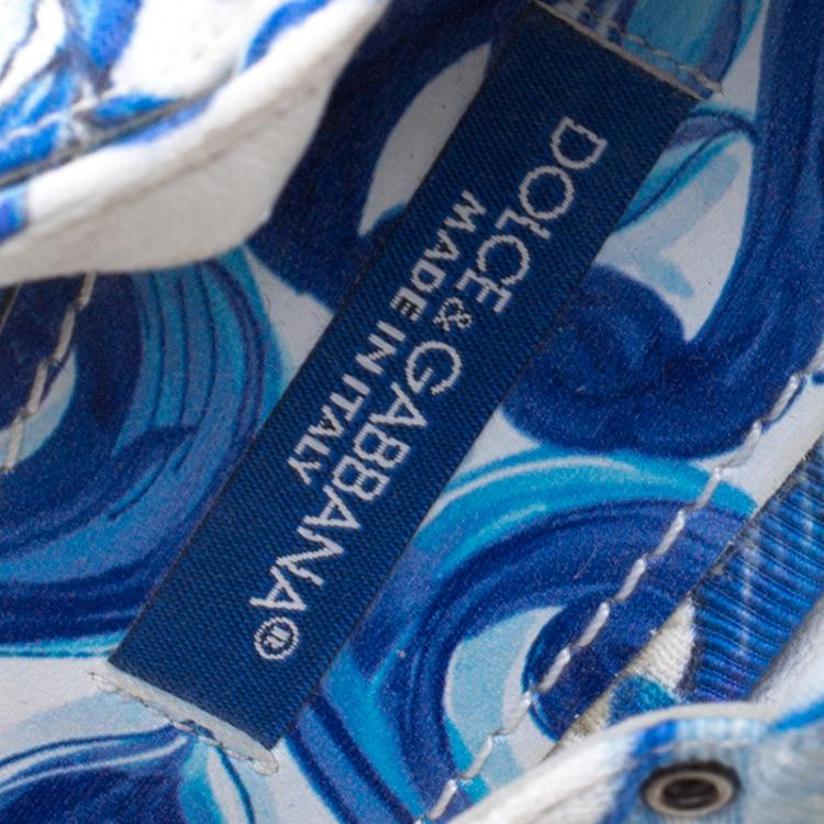 Pre Owned Dolce and Gabbana Blue Crystal Embellished Majolica Printed Fabric Ankle Strap Sandals Size 40.5