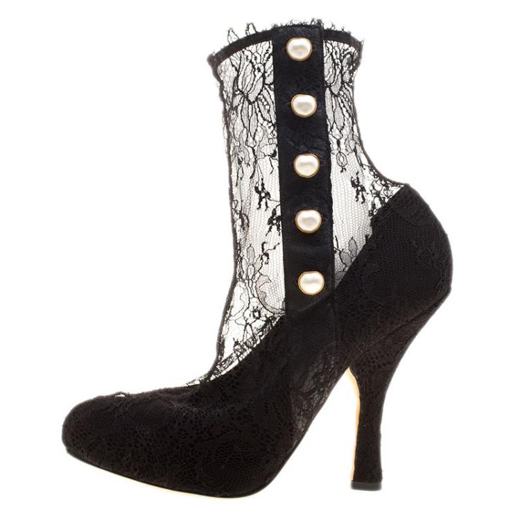 Pre Owned Dolce and Gabbana Black Faux Pearl Embellished Lace Socks Boots Size 38.5