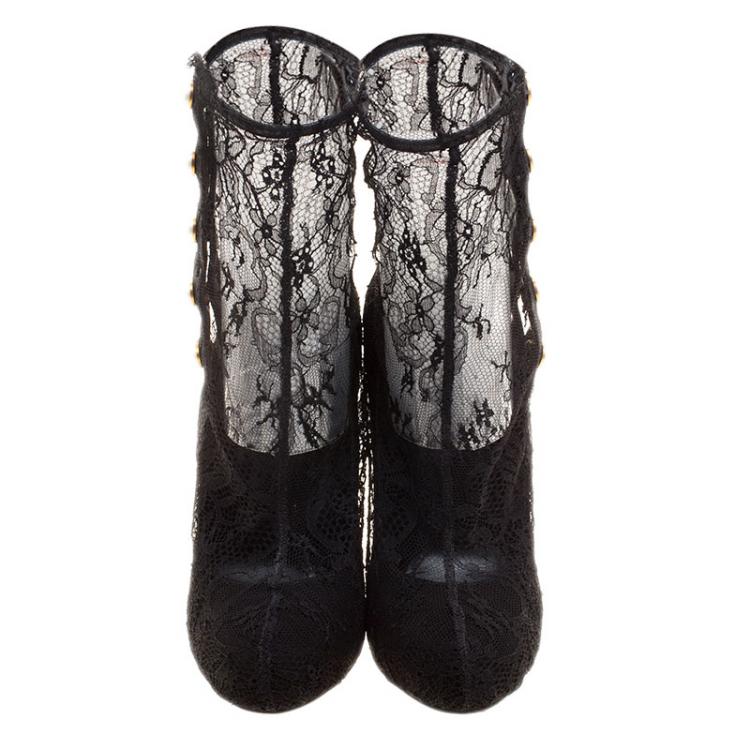 Pre Owned Dolce and Gabbana Black Faux Pearl Embellished Lace Socks Boots Size 38.5