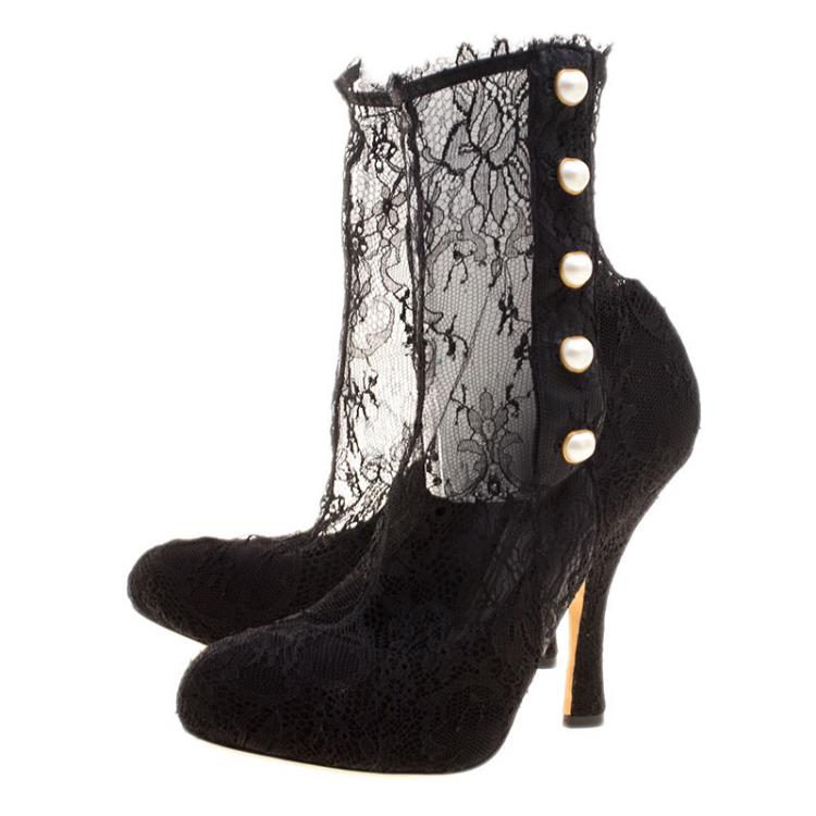 Pre Owned Dolce and Gabbana Black Faux Pearl Embellished Lace Socks Boots Size 38.5