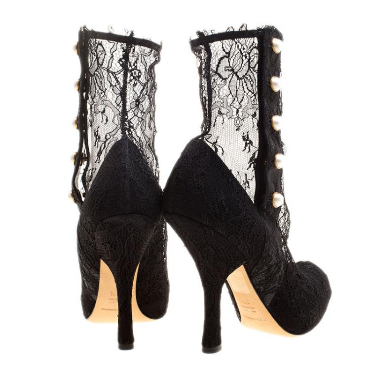 Pre Owned Dolce and Gabbana Black Faux Pearl Embellished Lace Socks Boots Size 38.5