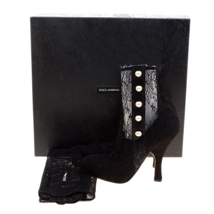 Pre Owned Dolce and Gabbana Black Faux Pearl Embellished Lace Socks Boots Size 38.5