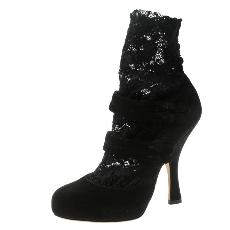 Pre Owned Dolce & Gabbana Black Suede Ankle Length Lace Mary Jane Pumps Size 36.5