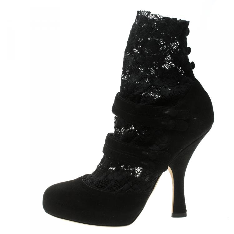 Pre Owned Dolce & Gabbana Black Suede Ankle Length Lace Mary Jane Pumps Size 36.5