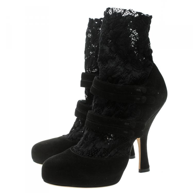 Pre Owned Dolce & Gabbana Black Suede Ankle Length Lace Mary Jane Pumps Size 36.5