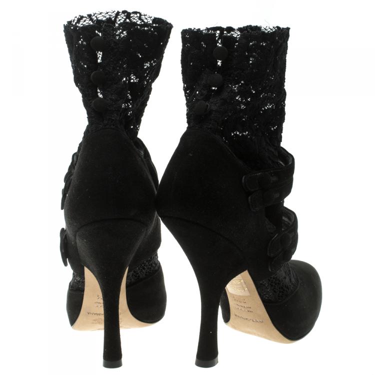 Pre Owned Dolce & Gabbana Black Suede Ankle Length Lace Mary Jane Pumps Size 36.5