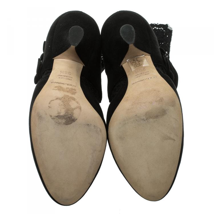 Pre Owned Dolce & Gabbana Black Suede Ankle Length Lace Mary Jane Pumps Size 36.5