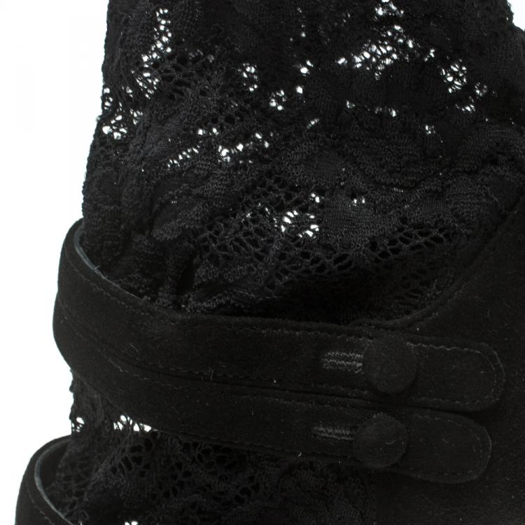Pre Owned Dolce & Gabbana Black Suede Ankle Length Lace Mary Jane Pumps Size 36.5