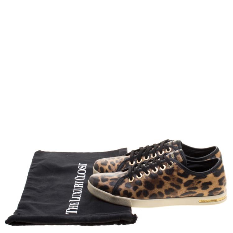 Pre Owned Dolce and Gabbana Brown Leopard Print Coated Canvas Low Top Sneakers Size 38