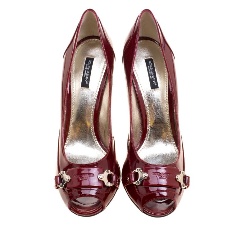 Pre Owned Dolce and Gabbana Cherry Red Patent Leather Buckle Peep Toe Pumps Size 40