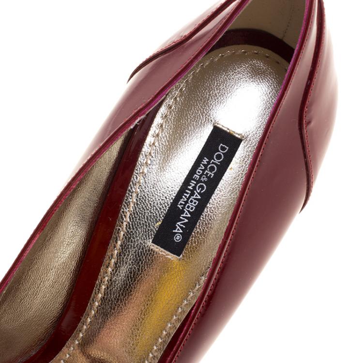 Pre Owned Dolce and Gabbana Cherry Red Patent Leather Buckle Peep Toe Pumps Size 40