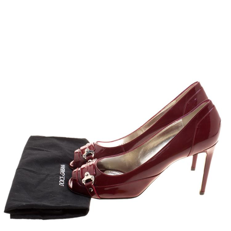 Pre Owned Dolce and Gabbana Cherry Red Patent Leather Buckle Peep Toe Pumps Size 40