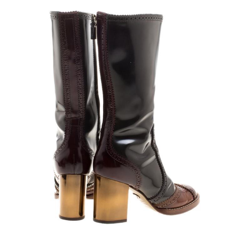 Pre Owned Dolce and Gabbana Two Tone Brogue Leather Mid Calf Block Heel Boots Size 37