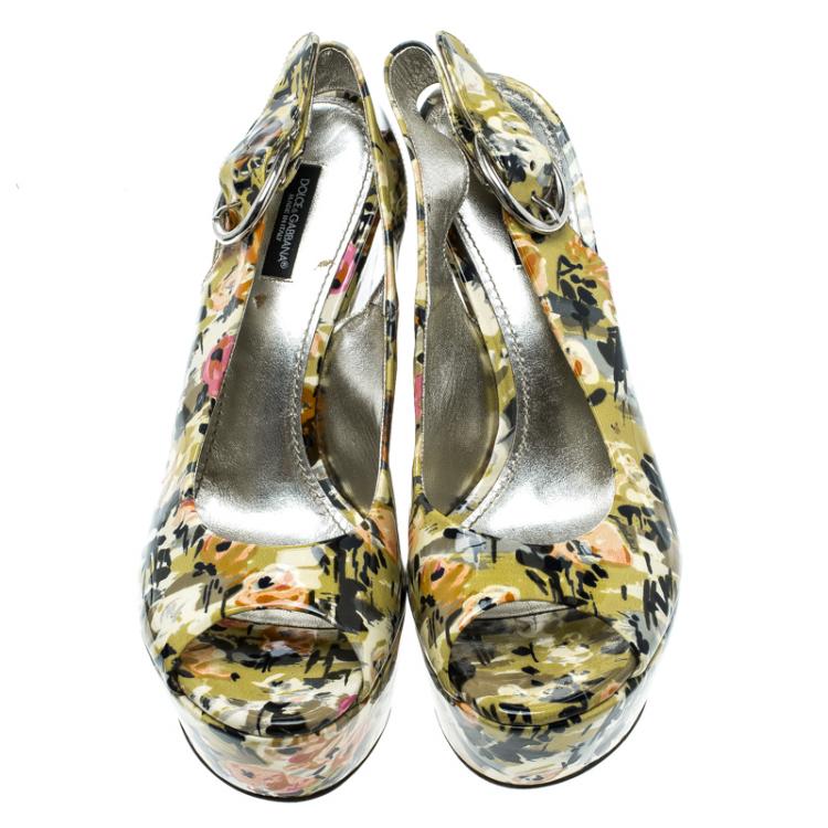 Pre Owned Dolce and Gabbana Multicolor Floral Printed Patent Leather Peep Toe Wedge Slingback Sandals Size 40