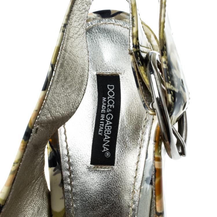 Pre Owned Dolce and Gabbana Multicolor Floral Printed Patent Leather Peep Toe Wedge Slingback Sandals Size 40