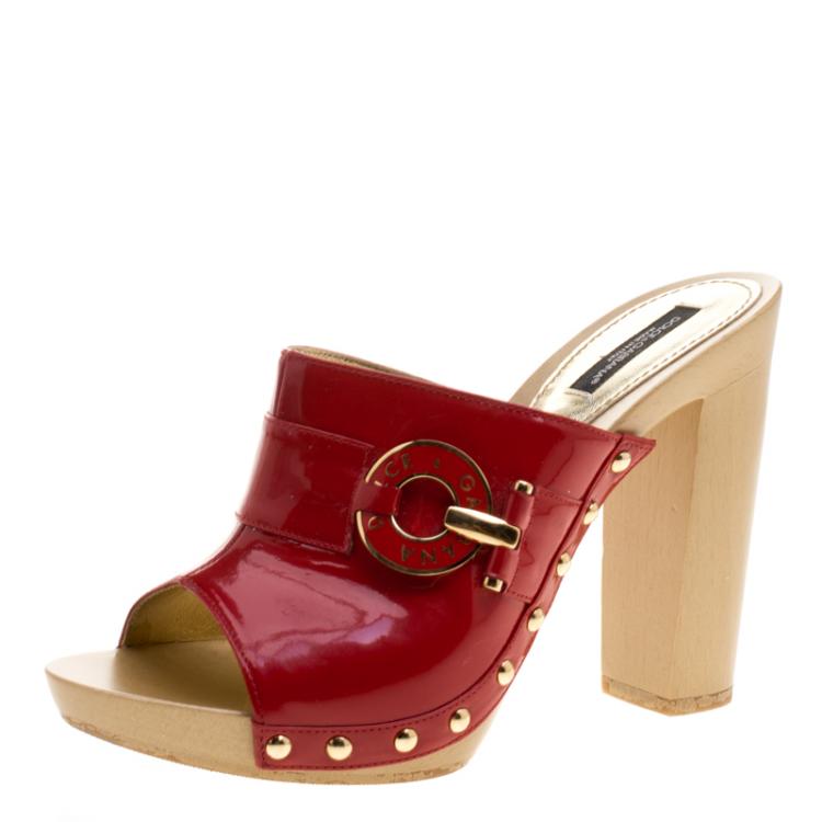 Pre Owned Dolce and Gabbana Red Patent Leather Wooden Mules Size 38