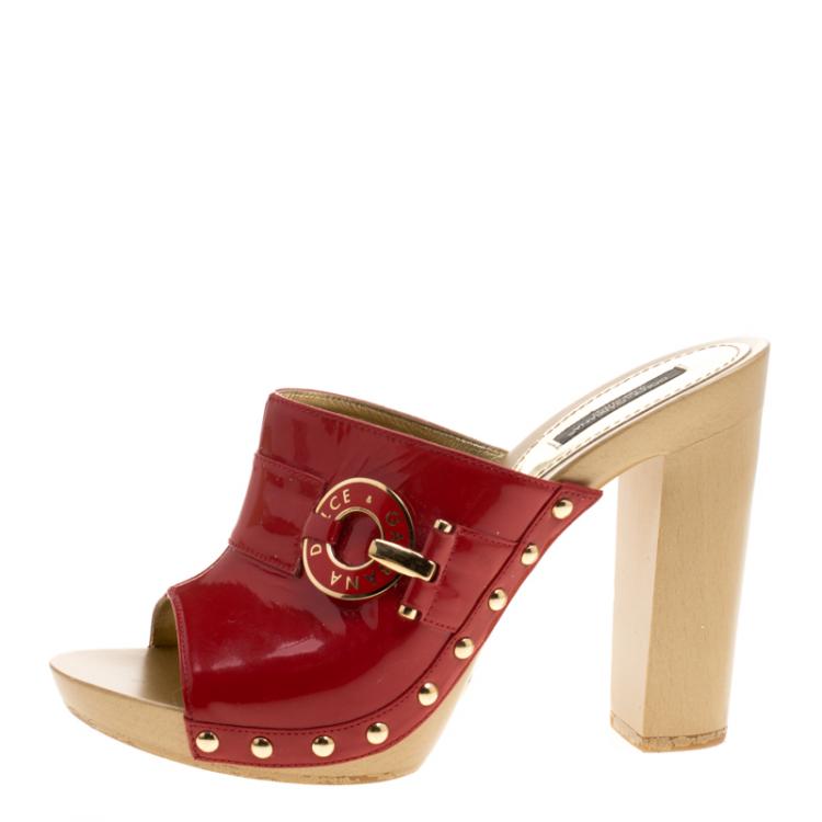 Pre Owned Dolce and Gabbana Red Patent Leather Wooden Mules Size 38