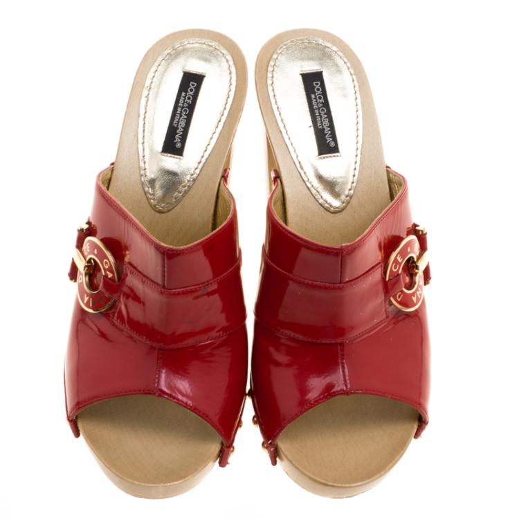 Pre Owned Dolce and Gabbana Red Patent Leather Wooden Mules Size 38