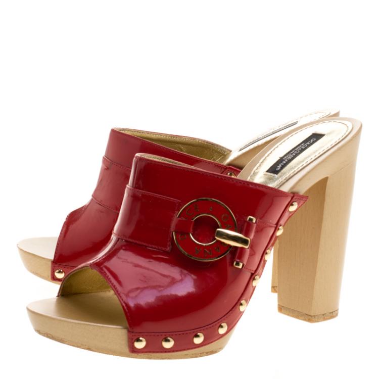Pre Owned Dolce and Gabbana Red Patent Leather Wooden Mules Size 38