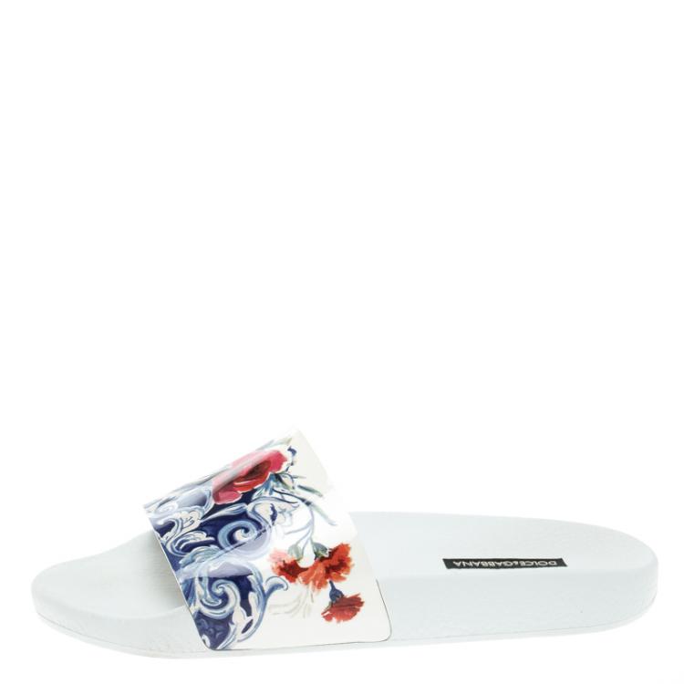 Pre Owned Dolce and Gabbana White Majolica Printed Leather Flat Slides Size 38