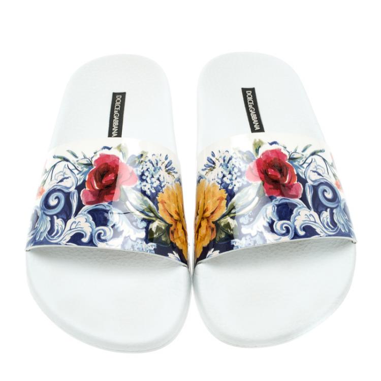 Pre Owned Dolce and Gabbana White Majolica Printed Leather Flat Slides Size 38
