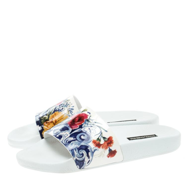 Pre Owned Dolce and Gabbana White Majolica Printed Leather Flat Slides Size 38