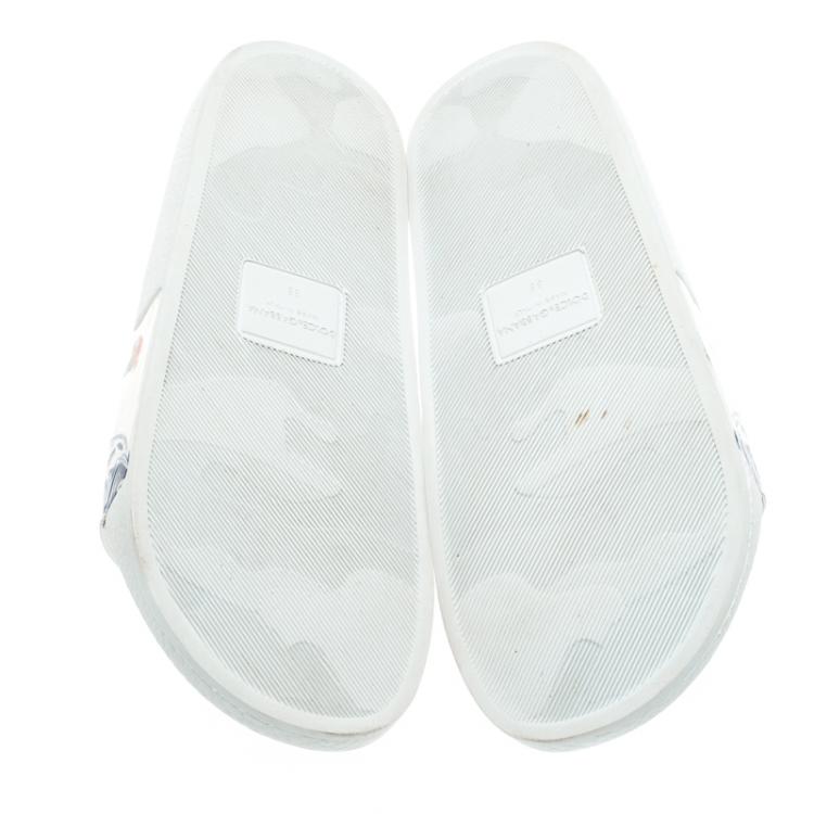 Pre Owned Dolce and Gabbana White Majolica Printed Leather Flat Slides Size 38