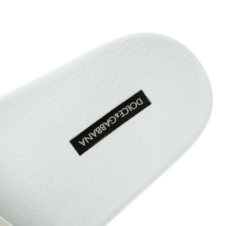 Pre Owned Dolce and Gabbana White Majolica Printed Leather Flat Slides Size 38