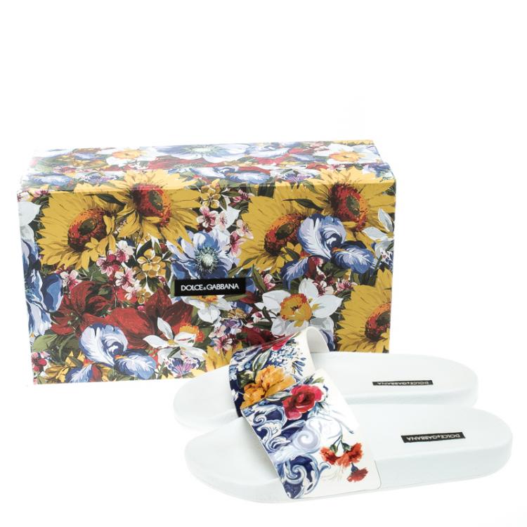 Pre Owned Dolce and Gabbana White Majolica Printed Leather Flat Slides Size 38