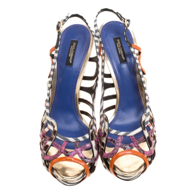 Pre Owned Dolce and Gabbana Multicolor Python Leather and Canvas Strappy Platform Sandals Size 40