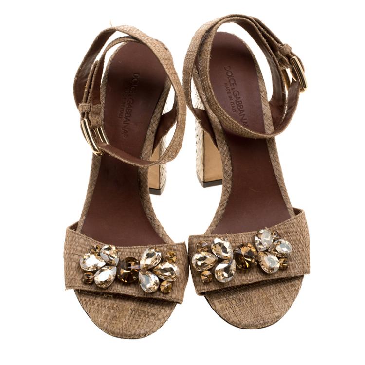 Pre Owned Dolce and Gabbana Light Brown/Beige Raffia and Snakeskin Jeweled Sandals Size 38.5