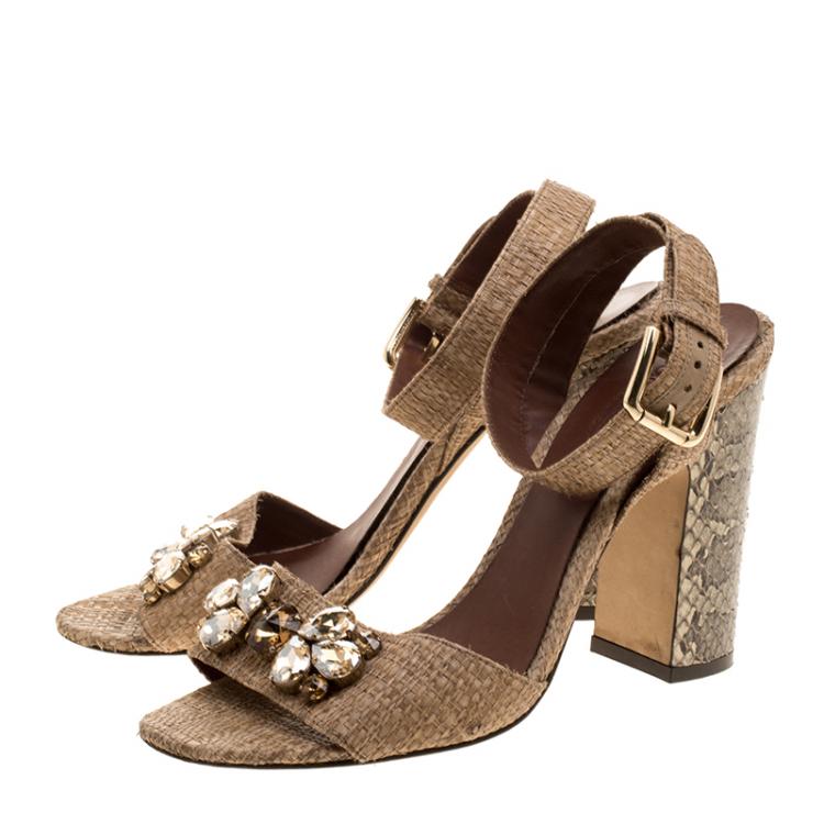 Pre Owned Dolce and Gabbana Light Brown/Beige Raffia and Snakeskin Jeweled Sandals Size 38.5